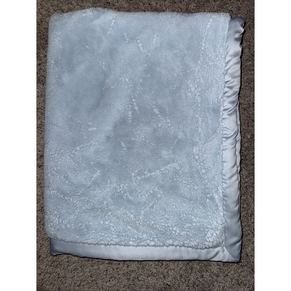 Carter's Solid Baby Blue Plush Faux Fur Blanket Satin Trim Jersey Knit 30x38